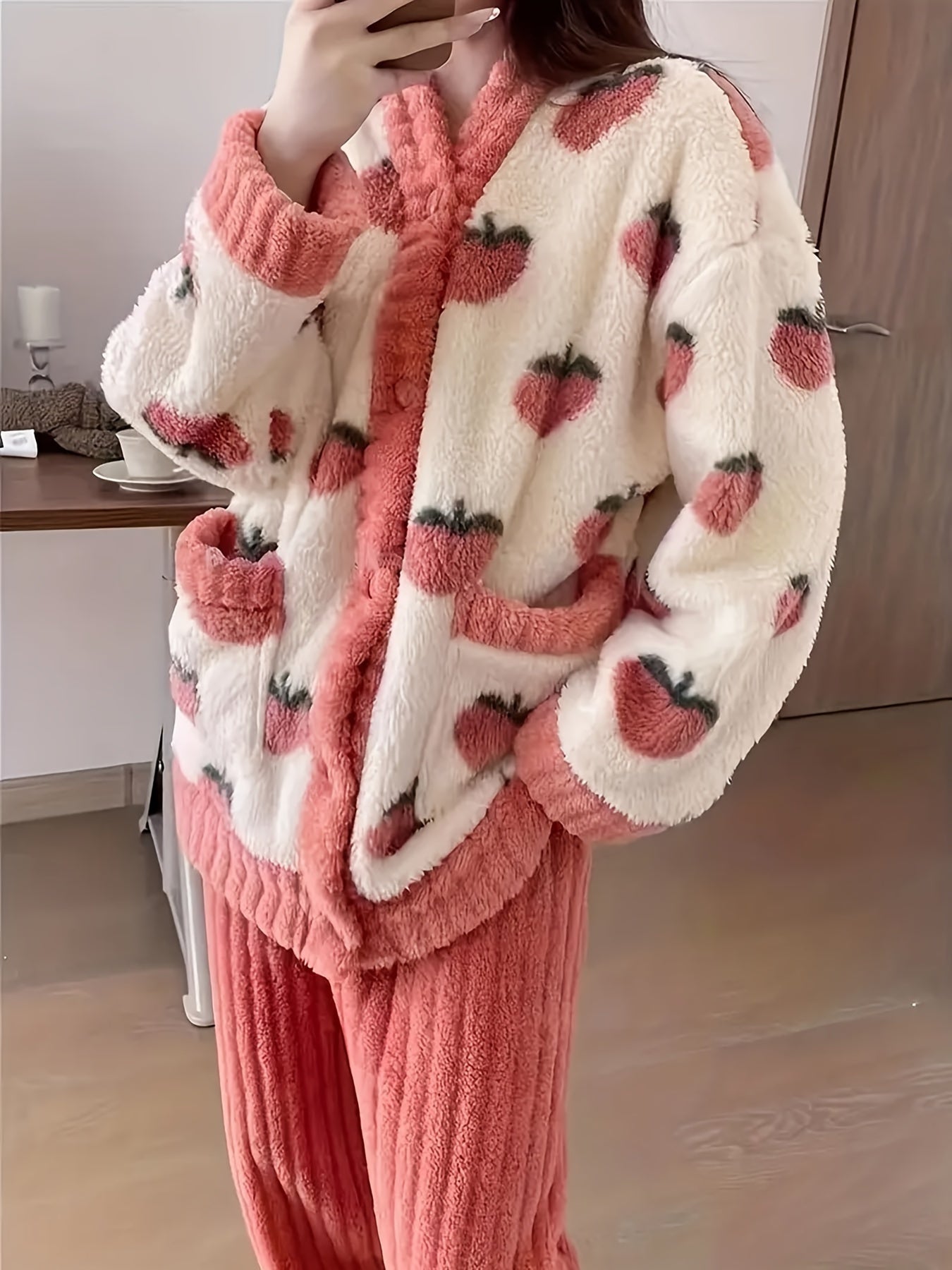 Women'S Winter 2pcs Sweater Pajama Set - Thick Cozy Peach Cardigan & Pants with Cherry Print, V-Neck Long Sleeve Nightgown, Soft Warm Loungewear for Home & Outdoors, Cute Sweet Style with Pockets, Ideal for Cold Weather & Chr