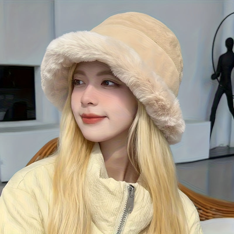 Winter Thermal Bucket Hat, Faux Fur Plush Thickened Ear Protection Fisherman Warmer Hat For Women Xmas Gift