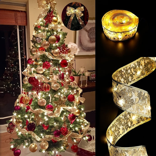 16.4ft Christmas Ribbon Fairy Lights Golden Christmas Lights Lighted Ribbon Garland for Christmas Tree Golden Garland Christmas Decorations Indoor Party Decorations, Ornaments Bow Tie Packaging Foldable Crafts Wedding Christm