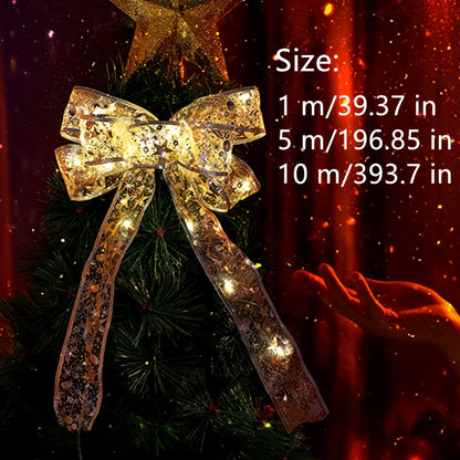 16.4ft Christmas Ribbon Fairy Lights Golden Christmas Lights Lighted Ribbon Garland for Christmas Tree Golden Garland Christmas Decorations Indoor Party Decorations, Ornaments Bow Tie Packaging Foldable Crafts Wedding Christm