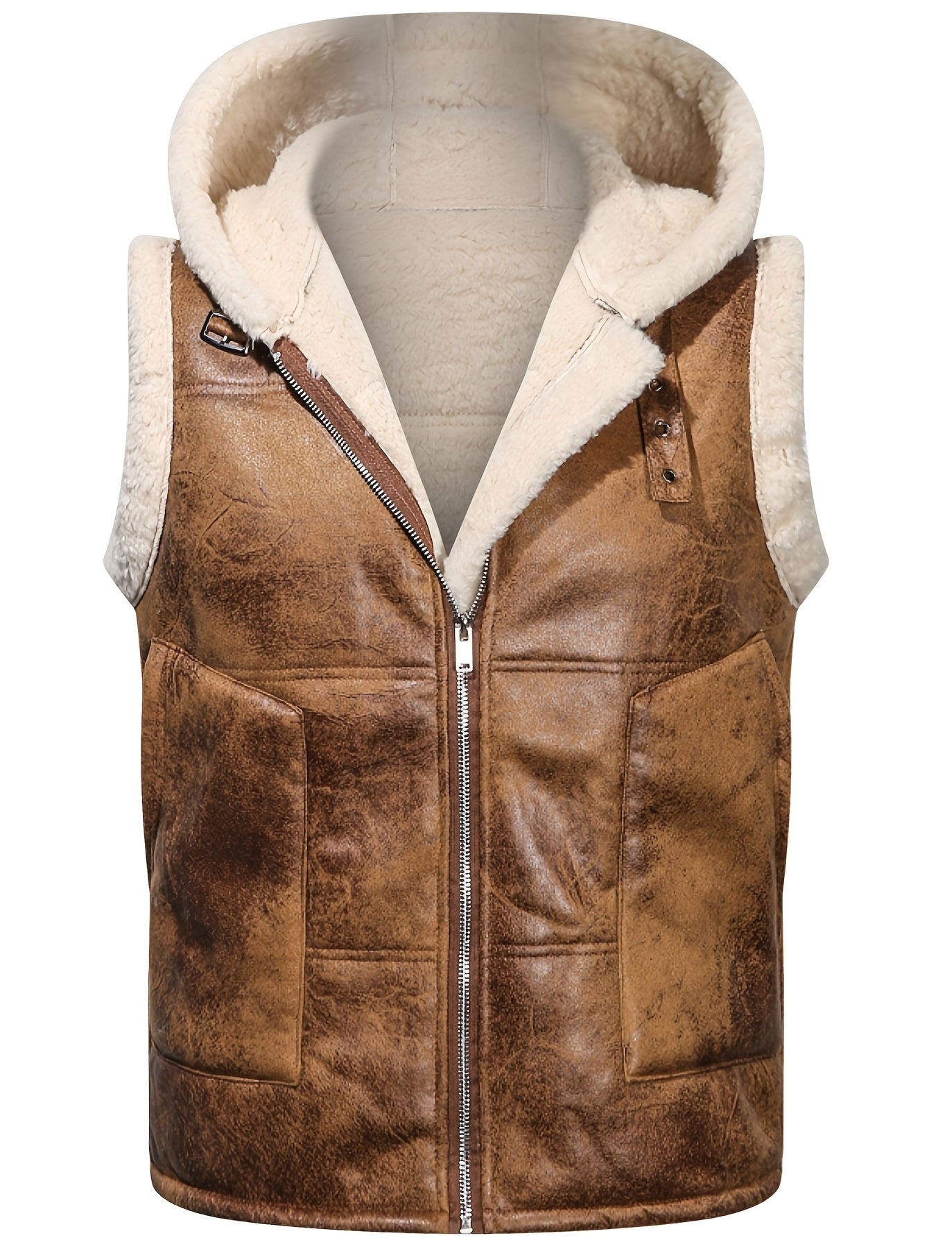 Men's Fleece-Lined Hooded Vest - Stylish Sleeveless Jacket with Zipper Pockets, Warm & Windproof for Casual Winter Wear, Olive Green, Daily Comfort Vest | Hooded Jacket | Functional Pockets