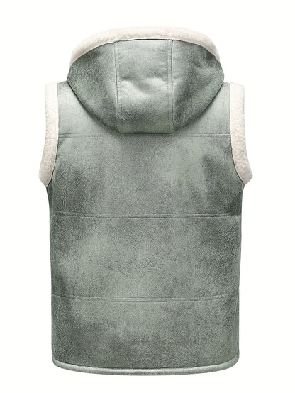 Men's Fleece-Lined Hooded Vest - Stylish Sleeveless Jacket with Zipper Pockets, Warm & Windproof for Casual Winter Wear, Olive Green, Daily Comfort Vest | Hooded Jacket | Functional Pockets