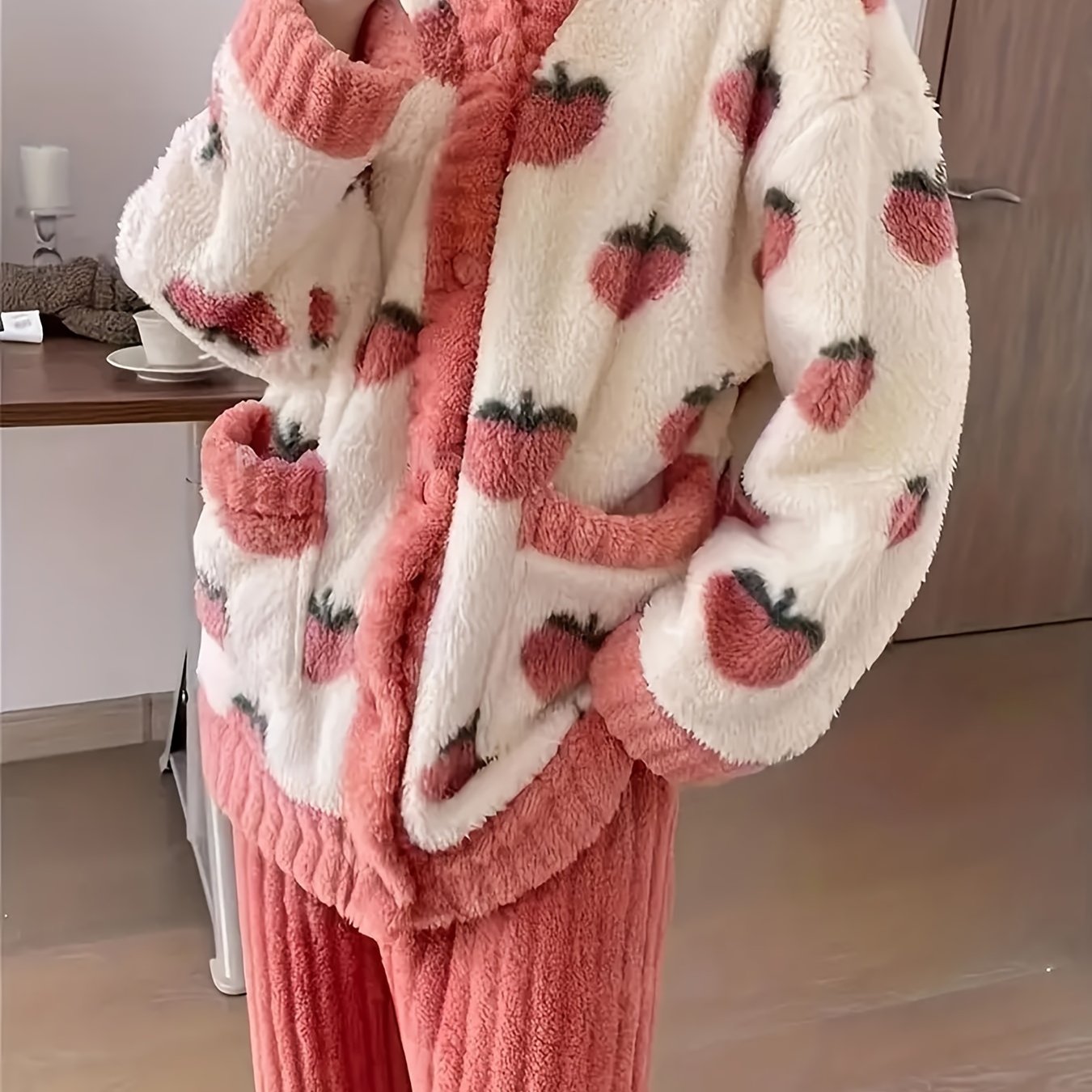 Women'S Winter 2pcs Sweater Pajama Set - Thick Cozy Peach Cardigan & Pants with Cherry Print, V-Neck Long Sleeve Nightgown, Soft Warm Loungewear for Home & Outdoors, Cute Sweet Style with Pockets, Ideal for Cold Weather & Chr