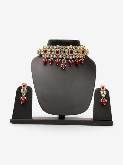 Polki and Garnet Gemstone Choker Necklace with Earrings