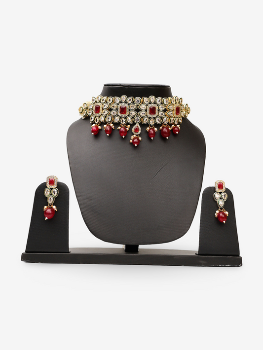 Polki and Garnet Gemstone Choker Necklace with Earrings