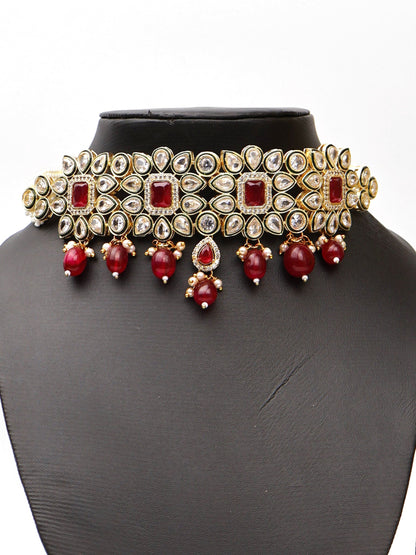 Polki and Garnet Gemstone Choker Necklace with Earrings