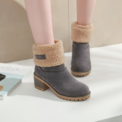 Women's Warm Faux Fur Lined Boots, Slip On Block Heeled Ankle Boots, Women's Footwear