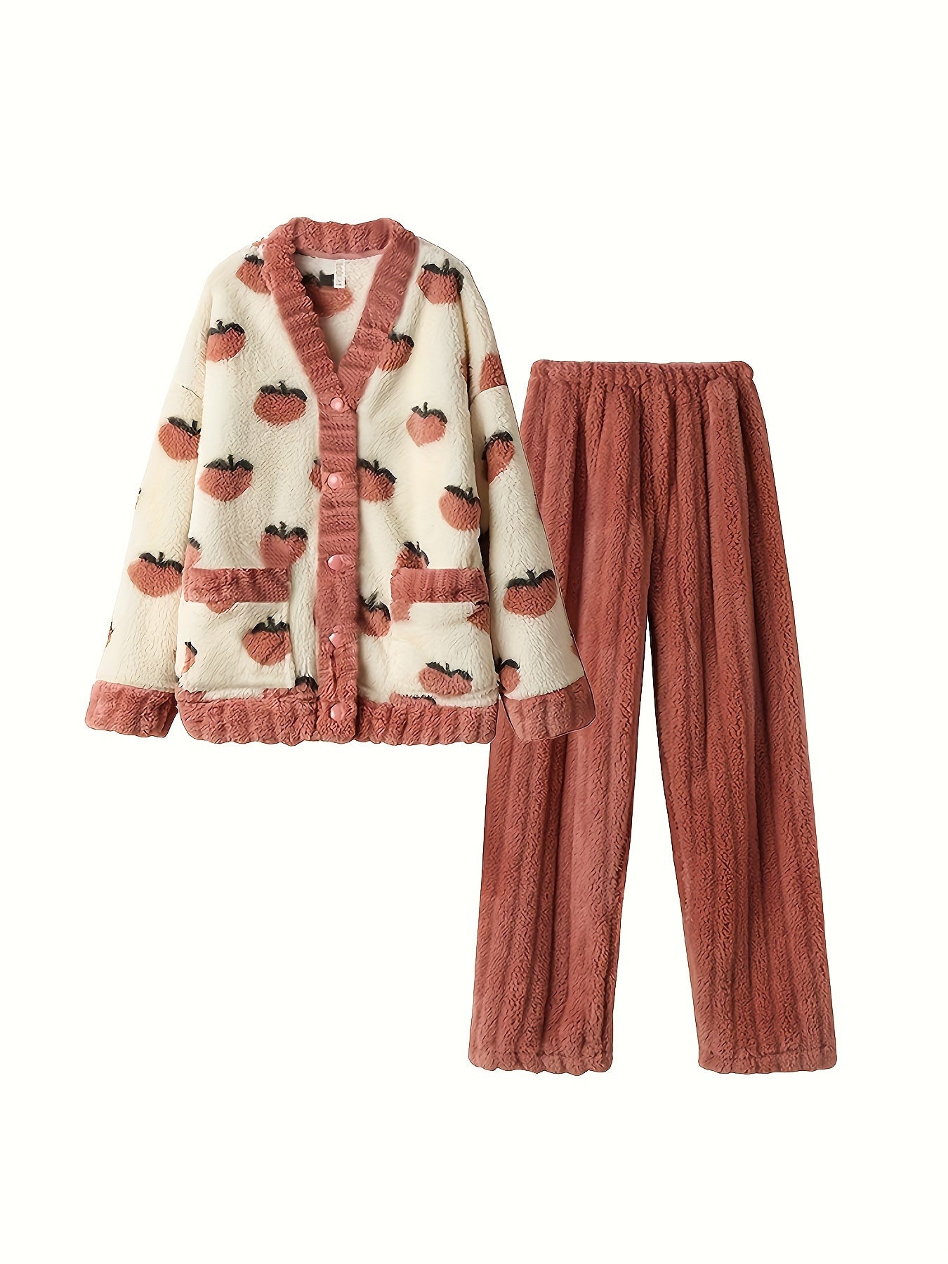Women'S Winter 2pcs Sweater Pajama Set - Thick Cozy Peach Cardigan & Pants with Cherry Print, V-Neck Long Sleeve Nightgown, Soft Warm Loungewear for Home & Outdoors, Cute Sweet Style with Pockets, Ideal for Cold Weather & Chr