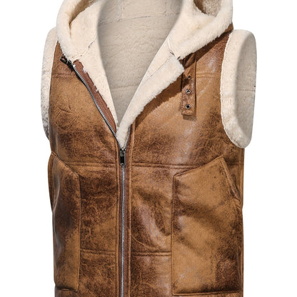Men's Fleece-Lined Hooded Vest - Stylish Sleeveless Jacket with Zipper Pockets, Warm & Windproof for Casual Winter Wear, Olive Green, Daily Comfort Vest | Hooded Jacket | Functional Pockets